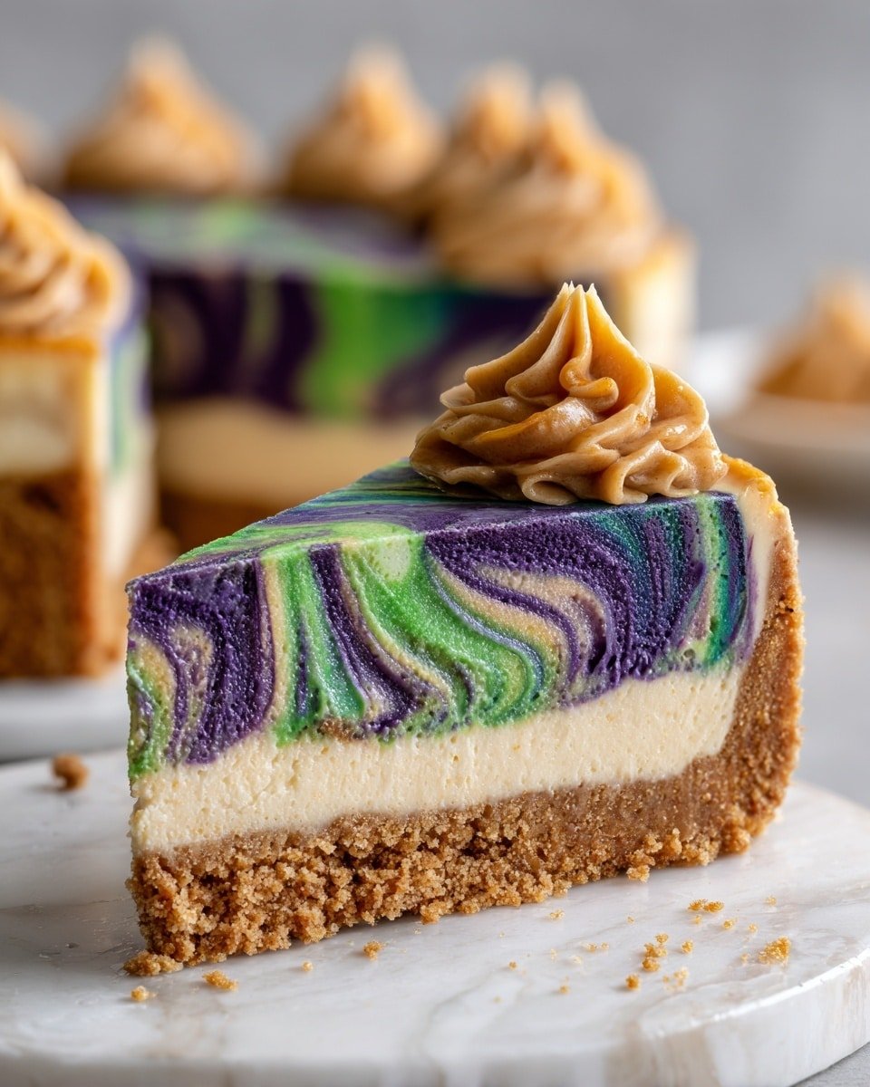 Polyjuice Potion Swirl Cheesecake Recipe - Recipe Image — Polyjuice Potion Swirl Cheesecake, magical Halloween cheesecake, colorful swirl cheesecake, festive themed cheesecake, eye-catching dessert