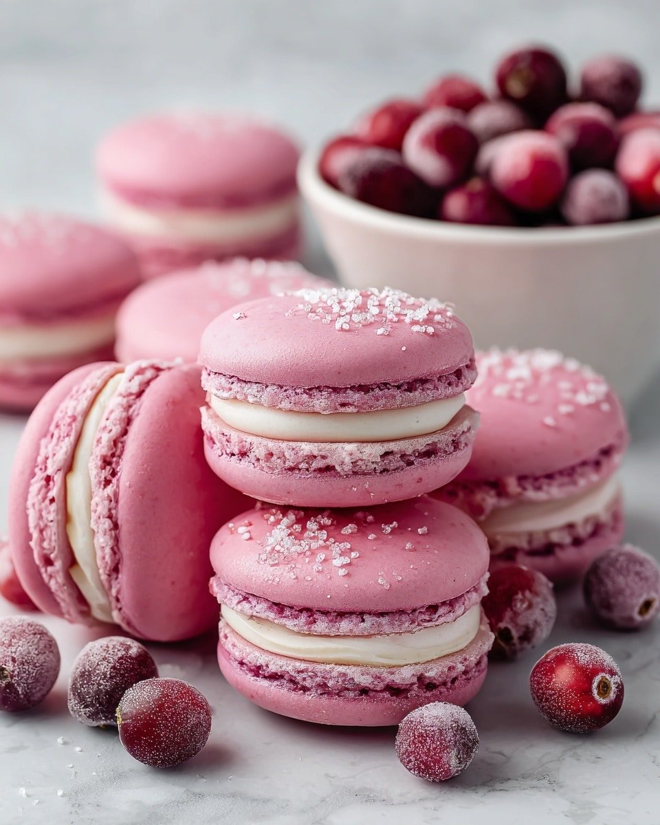 Cranberry Macarons with Cranberry Ganache and Confit Recipe - Recipe Image — Cranberry Macarons with Cranberry Ganache and Confit, cranberry macaron recipe, fall holiday desserts, elegant holiday treats, festive cranberry desserts