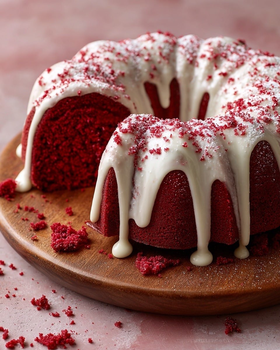 Red Velvet Bundt Cake with Cream Cheese Glaze Recipe - Recipe Image — Red Velvet Bundt Cake with Cream Cheese Glaze, moist red velvet cake, best bundt cake recipes, easy holiday cakes, cream cheese glaze dessert