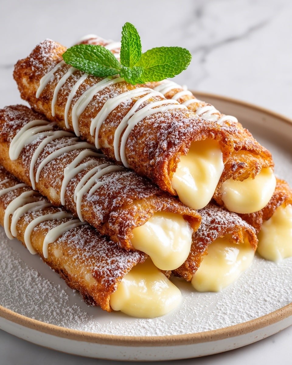 Peach Cobbler Egg Rolls with Cinnamon Sugar Drizzle Recipe - Recipe Image — Peach Cobbler Egg Rolls with Cinnamon Sugar Drizzle, peach cobbler egg rolls, easy peach dessert, sweet cinnamon egg rolls, fruity dessert recipes