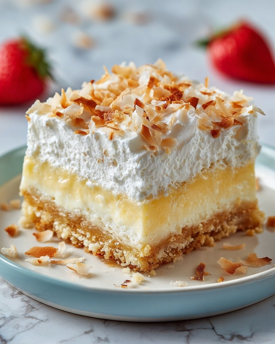 No-bake Coconut Cream Lush Recipe - Recipe Image — No-bake Coconut Cream Lush, coconut dessert, no-bake recipes, easy coconut dessert, layered coconut dessert