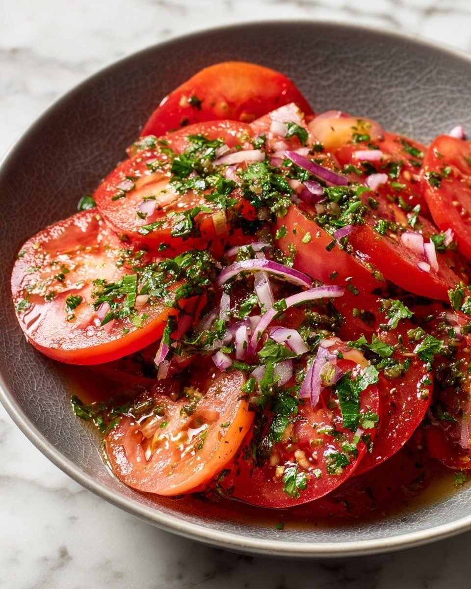 Marinated Tomato Salad Recipe - Recipe Image — Marinated Tomato Salad, easy tomato salad, healthy tomato side dish, flavorful tomato marinade, summer tomato salad