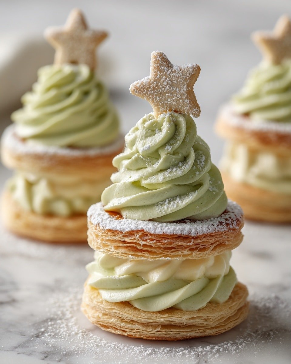 Christmas Tree Cream Puffs with Pistachio Whipped Cream and Shortbread Stars Recipe - Recipe Image — Christmas Tree Cream Puffs with Pistachio Whipped Cream and Shortbread Stars, festive cream puffs with pistachio cream and holiday cookies, Christmas dessert ideas, holiday cream puff recipe, edible Christmas tree decorations