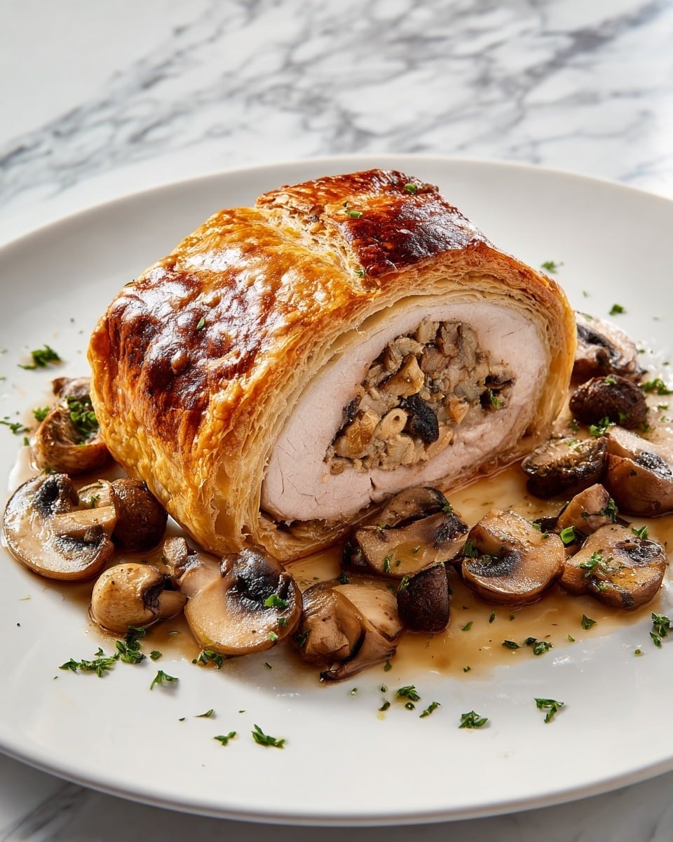 The dish shows a golden brown puff pastry wrapped around thick slices of cooked meat. Inside the meat, there is a filling made of cooked mushrooms and small bits of onion, all soft and slightly shiny. The pastry has a shiny, flaky texture with some darker browned spots on top. The meat slices are thick and light pink inside, surrounded by the mushroom filling. Around the rolled meat on the white plate, there are scattered sautéed mushroom slices with a bit of sauce and small green herbs sprinkled on top and around the dish. The plate sits on a white marbled surface photo taken with an iphone --ar 4:5 --v 7 — Filet Mignon en Croûte with Mushrooms and Mustard, elegant beef Wellington, classic beef en croûte recipe, gourmet pastry wrapped steak, mushroom and mustard filling