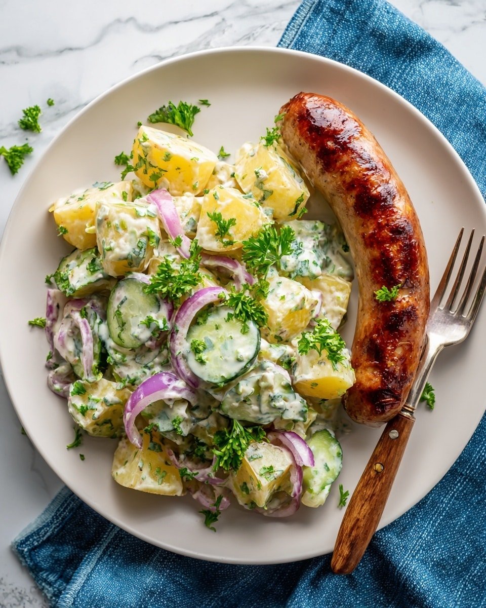A white plate holds a thick sausage with a shiny brown surface on the right side. On the plate, there is a creamy potato salad made with large yellow potato chunks mixed with thin slices of purple onion and green cucumber pieces. The salad is covered in a white creamy dressing with small green herbs sprinkled throughout. Fresh green parsley is scattered on top of the salad and sausage. A silver fork with a brown wooden handle rests at the back of the plate. The plate sits on a blue cloth over a white marbled surface. photo taken with an iphone --ar 4:5 --v 7 — Potato Sausage Salad, Easy potato sausage salad, Warm sausage potato salad, Comforting potato salad with sausage, Simple rustic sausage potato dish