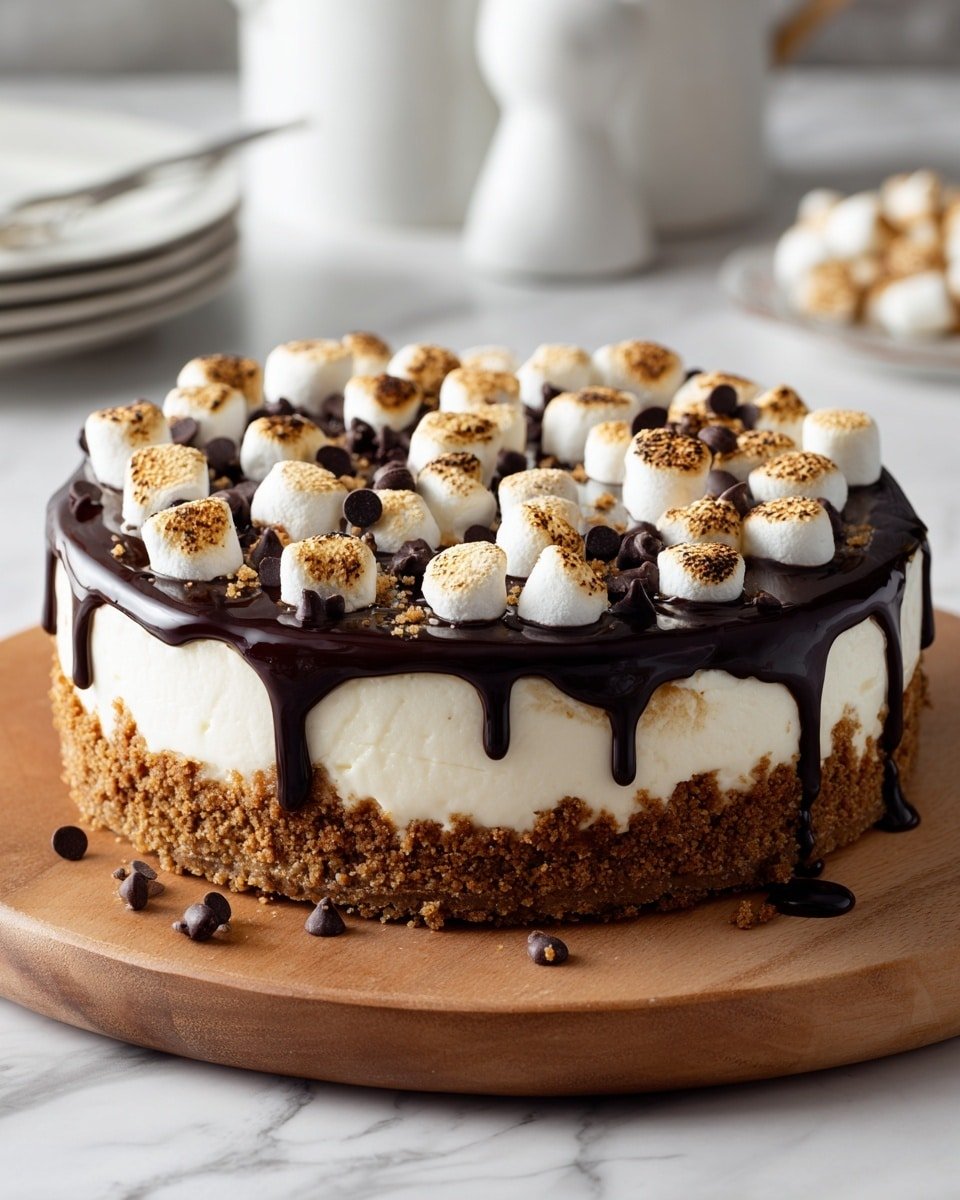 The image shows a round cheesecake with three main layers placed on a wooden round board. The bottom layer is a crunchy brown crumb crust, the middle layer is a thick creamy white cheese filling, and the top layer is a glossy dark chocolate spread that drips slightly down the sides. On top of the chocolate layer, there are many small toasted white marshmallows, each with a light brown toasted pattern, arranged evenly and interspersed with dark chocolate chips. The background is a white marbled surface with some blurred white kitchen items. photo taken with an iphone --ar 4:5 --v 7 — Decadent S’mores Cheesecake, S'mores Cheesecake, Campfire S'mores Dessert, No-Bake Cheesecake with Marshmallows, Chocolate and Graham Cracker Cheesecake