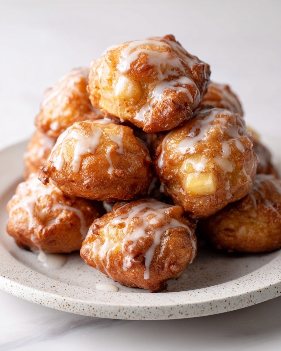 A pile of golden brown fried dough balls with small chunks of apple inside, each piece covered with thin white glaze drizzles. The dough balls show a rough, slightly crispy texture with visible pockets of soft apple pieces. They are stacked closely on a white plate with subtle speckled details, placed on a white marbled surface. The glaze shines slightly under soft lighting, highlighting the irregular shapes and warm color contrasts of the fried dough and apple chunks. Photo taken with an iphone --ar 4:5 --v 7 — Delicious Soft Cinnamon Apple Fritters with Vanilla Glaze, cinnamon apple fritters recipe, easy apple fritters with vanilla glaze, cozy breakfast apple fritters, homemade apple fritters with cinnamon