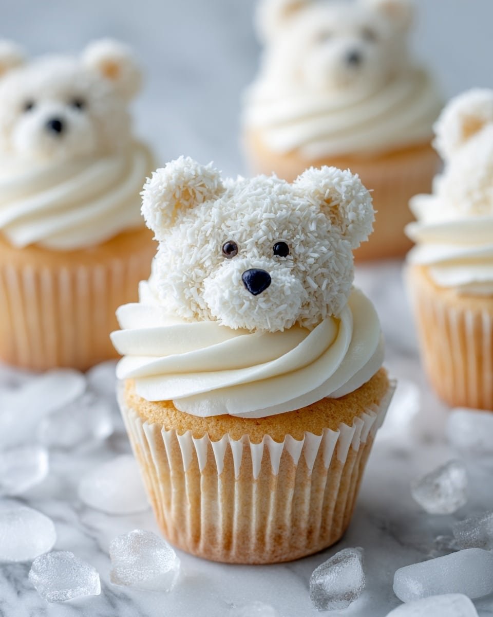 Polar Bear Cupcakes Recipe - Recipe Image — Polar Bear Cupcakes, Winter Themed Cupcakes, Cute Holiday Cupcakes, Easy Holiday Baking, Festive Cupcake Recipes