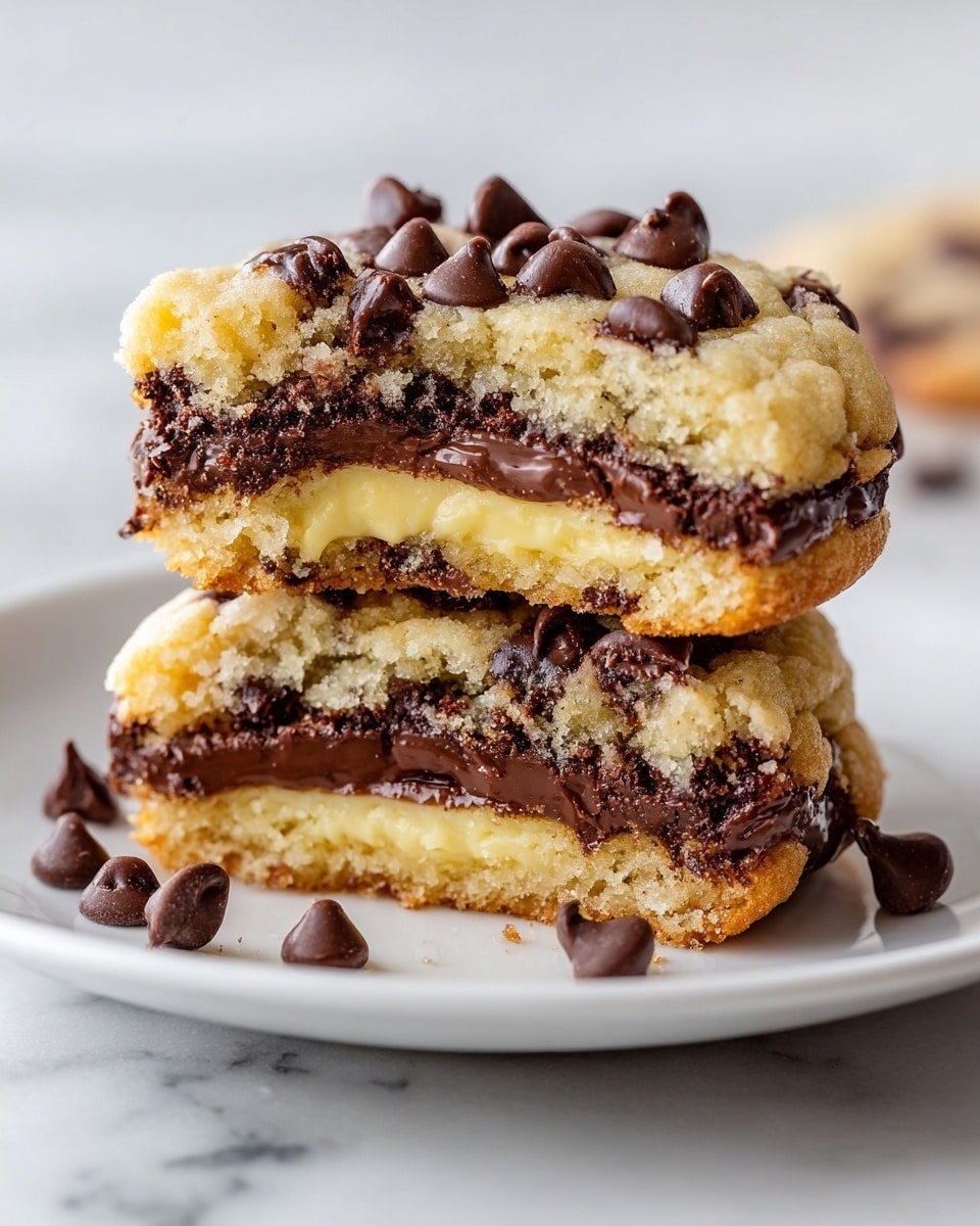 Cheesecake Stuffed Chocolate Chip Cookies Recipe - Recipe Image — Cheesecake Stuffed Chocolate Chip Cookies, chocolate chip cookie recipes, cheesecake filled cookies, decadent cookie recipes, homemade stuffed cookies