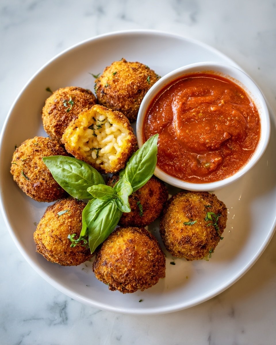 Crispy Arancini Italian Rice Balls with Marinara Dipping Sauce Recipe - Recipe Image — Crispy Arancini Italian Rice Balls with Marinara Dipping Sauce, Italian rice ball recipes, homemade arancini appetizer, cheesy arancini bites, crispy risotto balls