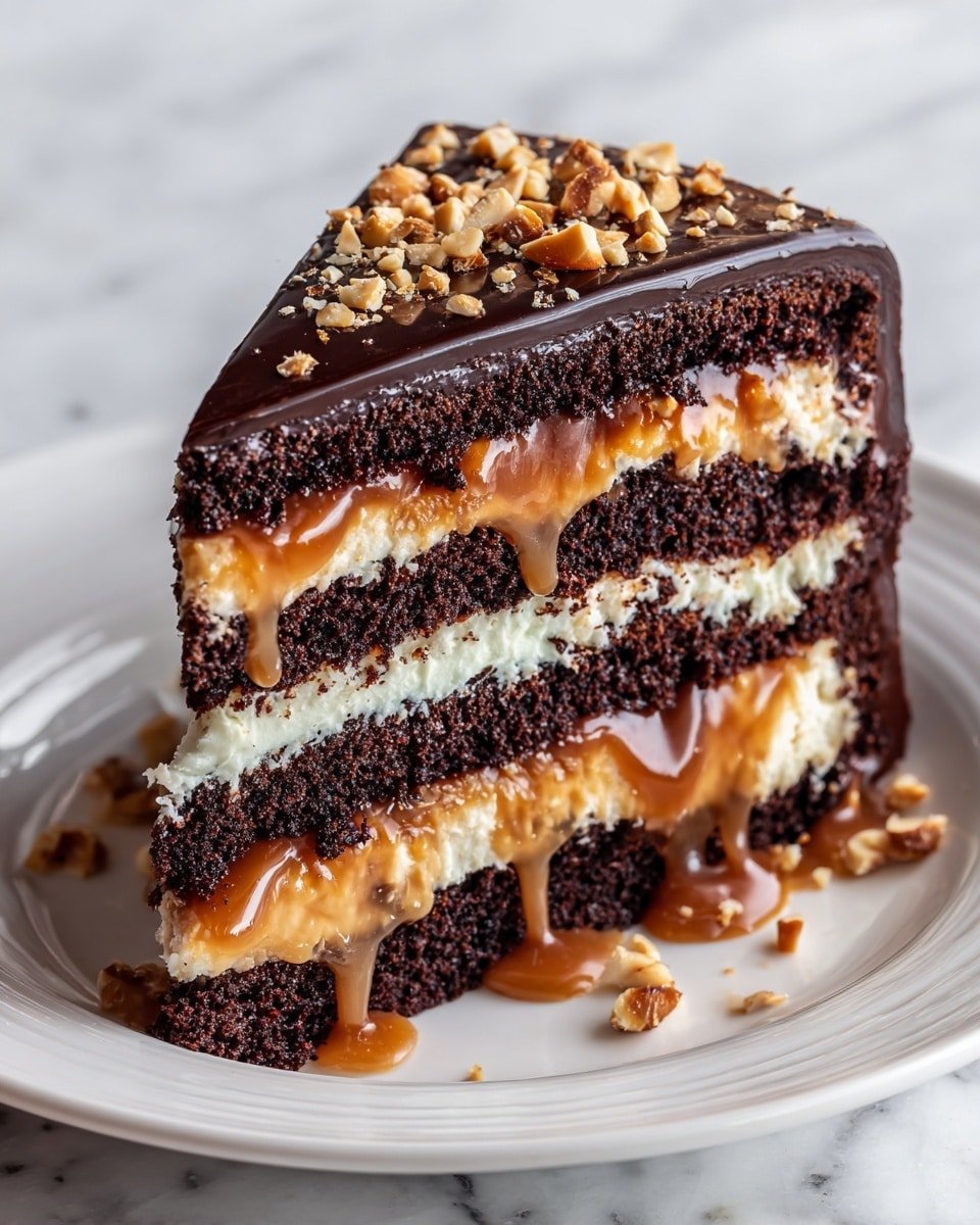 Chocolate Snickers Cake Recipe - Recipe Image — Chocolate Snickers Cake, Snickers-inspired chocolate cake, indulgent chocolate dessert, easy festive cake recipe, decadent caramel chocolate cake