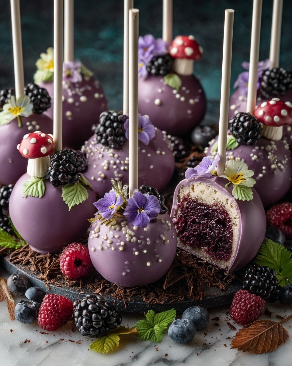 Forbidden Forest Blackberry Cheesecake Pops Recipe - Recipe Image — Forbidden Forest Blackberry Cheesecake Pops, blackberry cheesecake pops, fun finger-food dessert, berry chocolate pops, easy cheesecake pops recipe