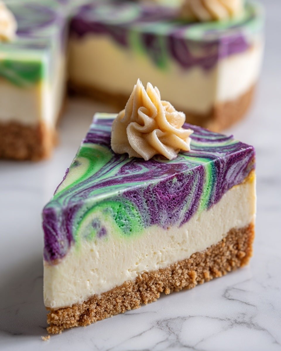 Polyjuice Potion Swirl Cheesecake Recipe - Recipe Image — Polyjuice Potion Swirl Cheesecake, magical Halloween cheesecake, colorful swirl cheesecake, festive themed cheesecake, eye-catching dessert