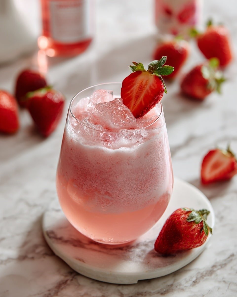 A pink drink with a smooth, slightly frothy top layer and several ice cubes inside is served in a curvy, transparent glass, which has four bulbous sections stacked vertically. A bright red sliced strawberry with green leaves is placed on the rim of the glass. The glass sits on a round white marble coaster on a white marbled surface. Around it, there are whole and halved red strawberries and two small bottles with red and white labels slightly blurred in the background. photo taken with an iphone --ar 4:5 --v 7 — Strawberry Yakult Green Tea Refresher, green tea beverage with strawberry and Yakult, easy homemade green tea drink, summer refreshing fruit drinks, healthy tea recipes