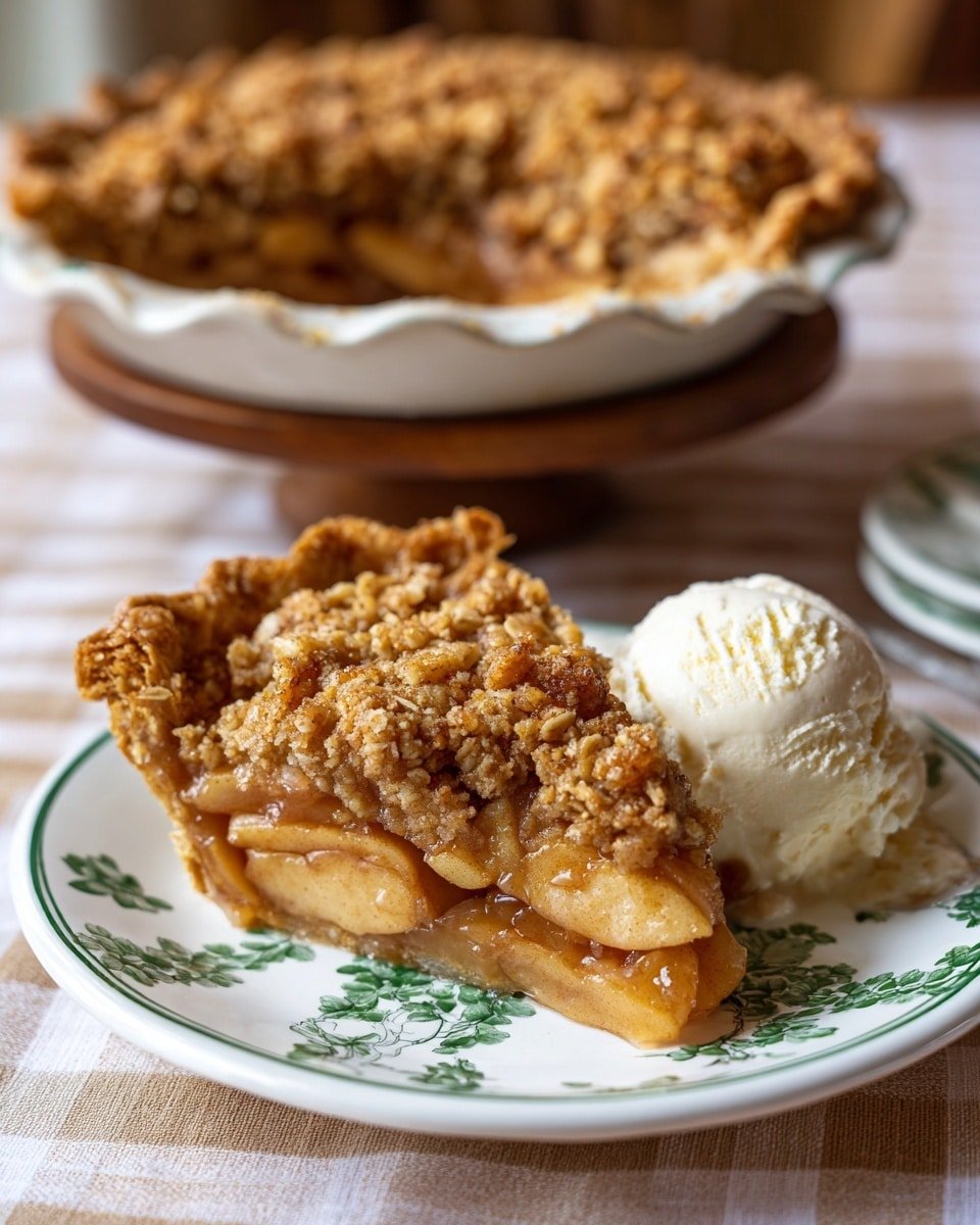 A slice of apple crumb pie sits on a white plate with green floral patterns, showing three layers: the bottom golden-brown crust, the middle filled with soft, glossy, cooked apple slices with a warm cinnamon color, and the top layer of chunky, golden oat crumble with a rough texture. Next to the slice is a scoop of white creamy ice cream. In the background, part of the whole apple crumb pie with the same oat crumble crust is seen on a wooden stand. The setting is on a beige and white checkered tablecloth. photo taken with an iphone --ar 4:5 --v 7 — Apple Crumble Tart, apple crumble tart recipe, homemade apple crumble tart, easy apple tart with crumble, comforting apple dessert