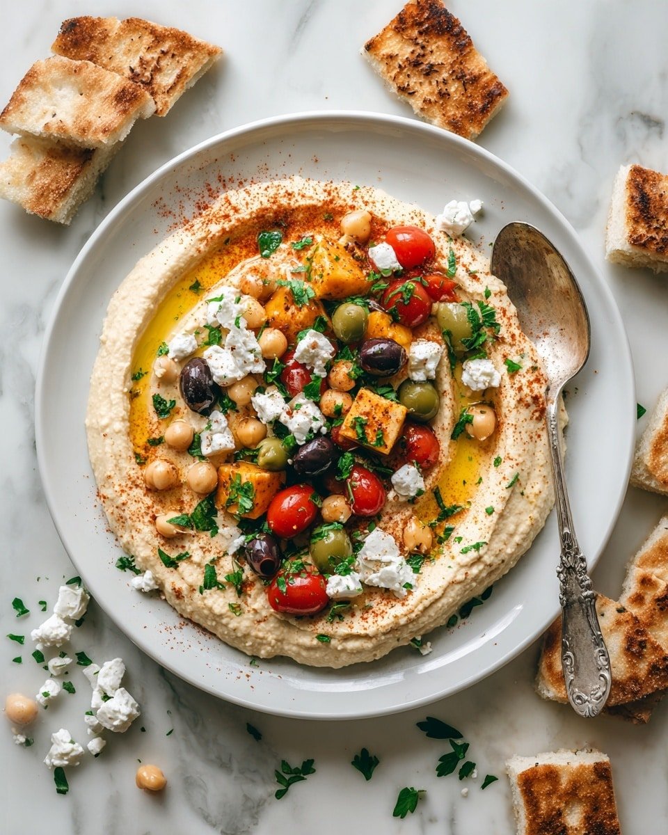 Loaded Hummus Recipe - Recipe Image — Loaded Hummus, healthy appetizer ideas, quick veggie dip, flavorful hummus toppings, vegetarian party platter
