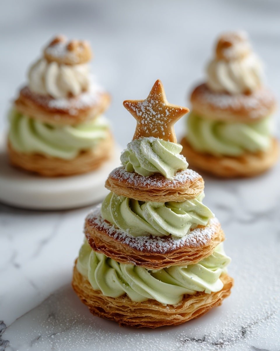 Christmas Tree Cream Puffs with Pistachio Whipped Cream and Shortbread Stars Recipe - Recipe Image — Christmas Tree Cream Puffs with Pistachio Whipped Cream and Shortbread Stars, festive cream puffs with pistachio cream and holiday cookies, Christmas dessert ideas, holiday cream puff recipe, edible Christmas tree decorations