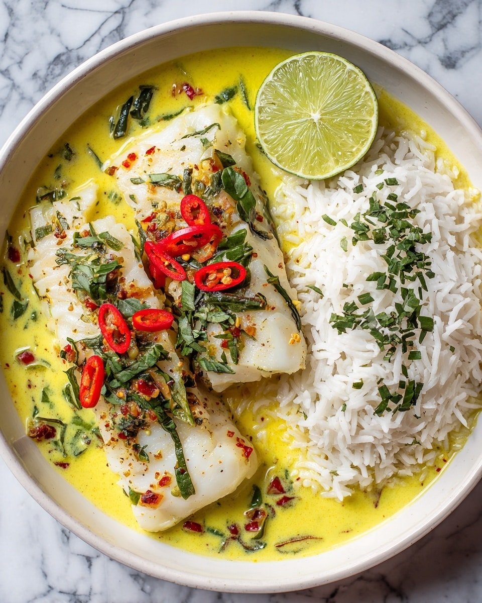 Coconut Lime Fish Curry with Jasmine Rice Recipe - Recipe Image — Coconut Lime Fish Curry, Coconut Lime Fish Curry with Jasmine Rice, Southeast Asian fish curry recipe, Thai-inspired fish curry, Easy fish curry with coconut milk