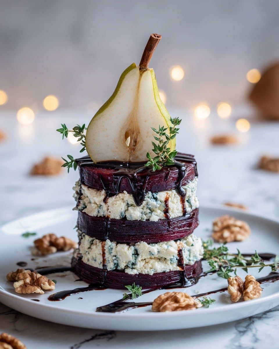 Roasted Beet Blue Cheese Towers with Pear & Balsamic Glaze Recipe - Recipe Image — Roasted Beet Blue Cheese Towers with Pear & Balsamic Glaze, elegant beet blue cheese appetizer, healthy beet and pear snack, easy gourmet beet tower recipe, sophisticated vegetable appetizer