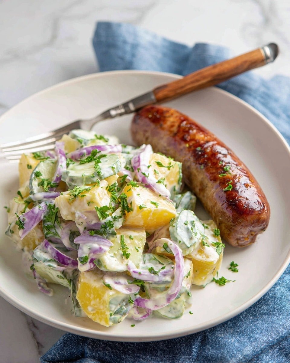 Potato Sausage Salad Recipe - Recipe Image — Potato Sausage Salad, Easy potato sausage salad, Warm sausage potato salad, Comforting potato salad with sausage, Simple rustic sausage potato dish