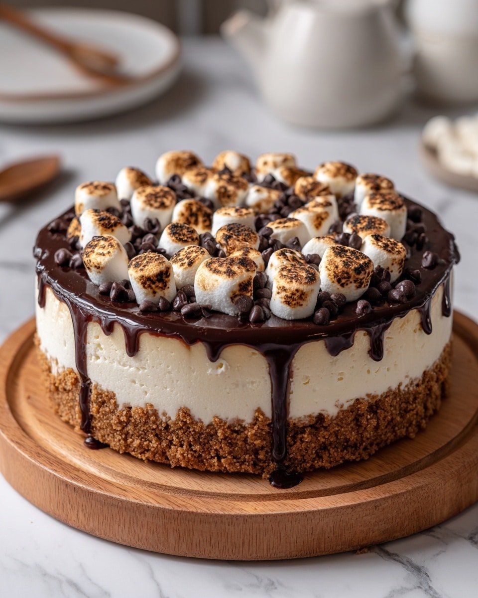 Decadent S’mores Cheesecake Recipe - Recipe Image — Decadent S’mores Cheesecake, S'mores Cheesecake, Campfire S'mores Dessert, No-Bake Cheesecake with Marshmallows, Chocolate and Graham Cracker Cheesecake