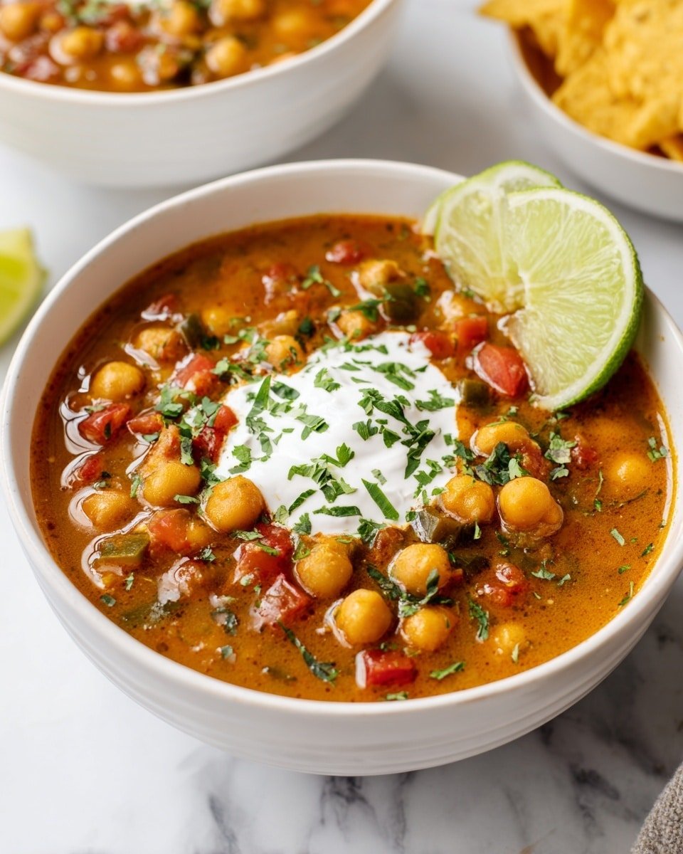 White Chickpea Chili (Vegan Twist on a Classic) Recipe - Recipe Image — White Chickpea Chili, Vegan Chickpea Chili, Healthy Vegan Chili, Plant-Based Chili Recipe, Easy Vegan Chili