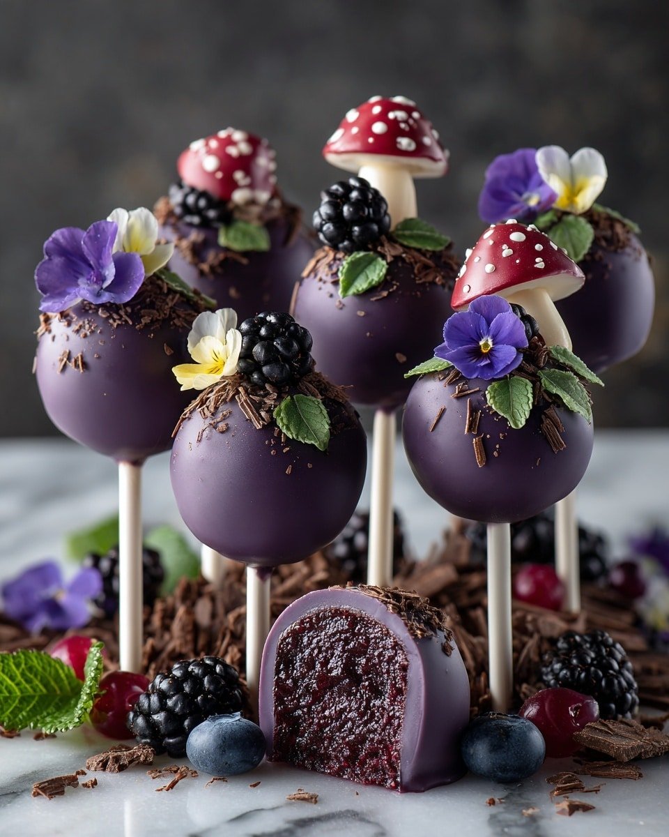 Forbidden Forest Blackberry Cheesecake Pops Recipe - Recipe Image — Forbidden Forest Blackberry Cheesecake Pops, blackberry cheesecake pops, fun finger-food dessert, berry chocolate pops, easy cheesecake pops recipe