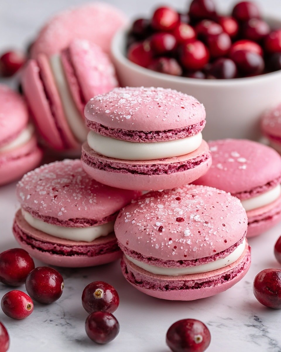 Cranberry Macarons with Cranberry Ganache and Confit Recipe - Recipe Image — Cranberry Macarons with Cranberry Ganache and Confit, cranberry macaron recipe, fall holiday desserts, elegant holiday treats, festive cranberry desserts