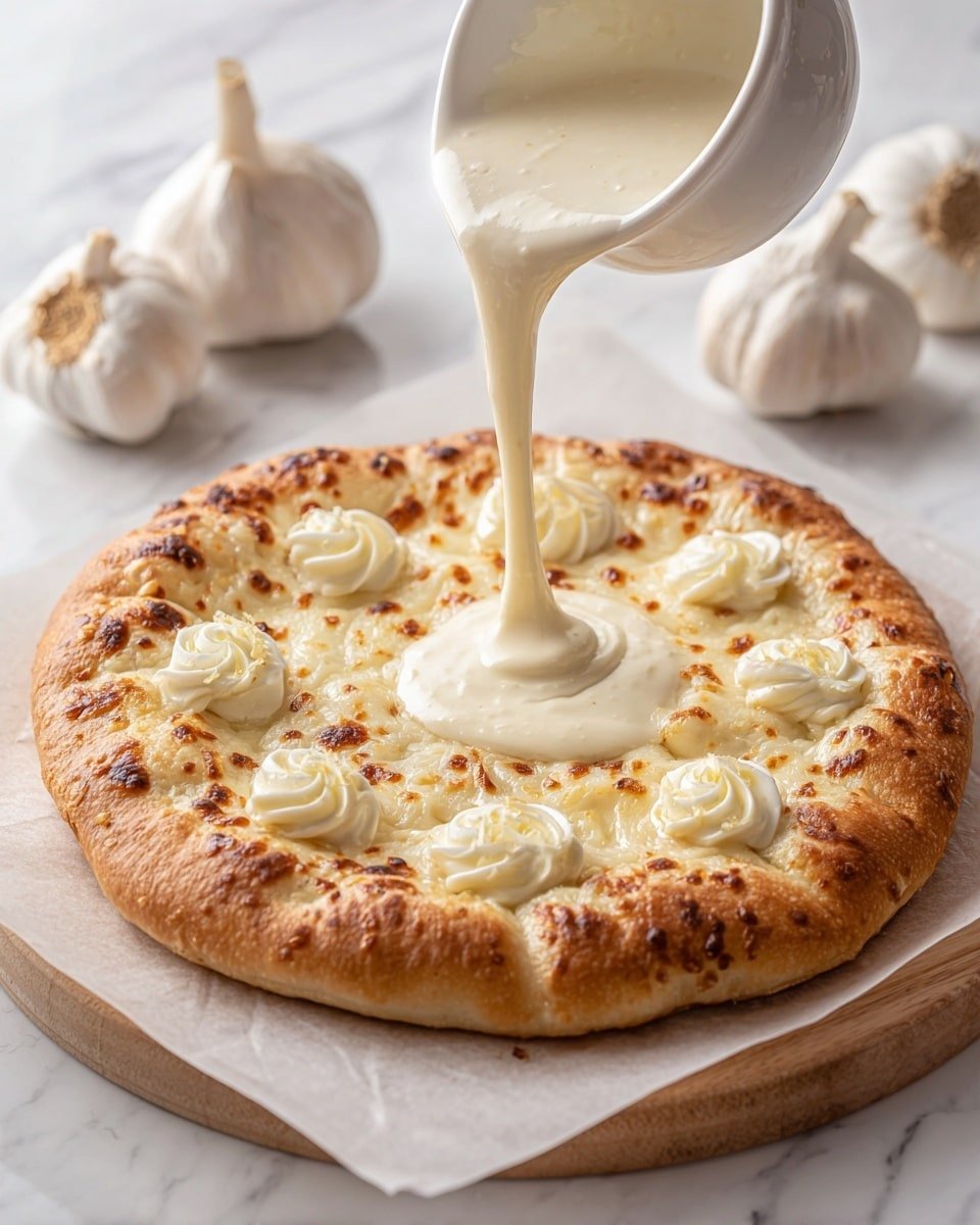 White Garlic Pizza Sauce Recipe - Recipe Image — White Garlic Pizza Sauce, homemade garlic pizza sauce, creamy garlic pizza topping, easy pizza sauce recipe, velvety garlic pizza sauce