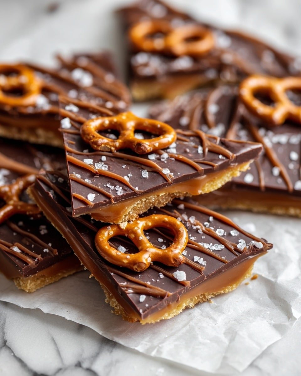 Irresistible Salted Caramel Pretzel Bark Recipe - Recipe Image — Salted Caramel Pretzel Bark, salted caramel bark, salted caramel pretzel dessert, easy caramel pretzel treat, homemade salted caramel candy