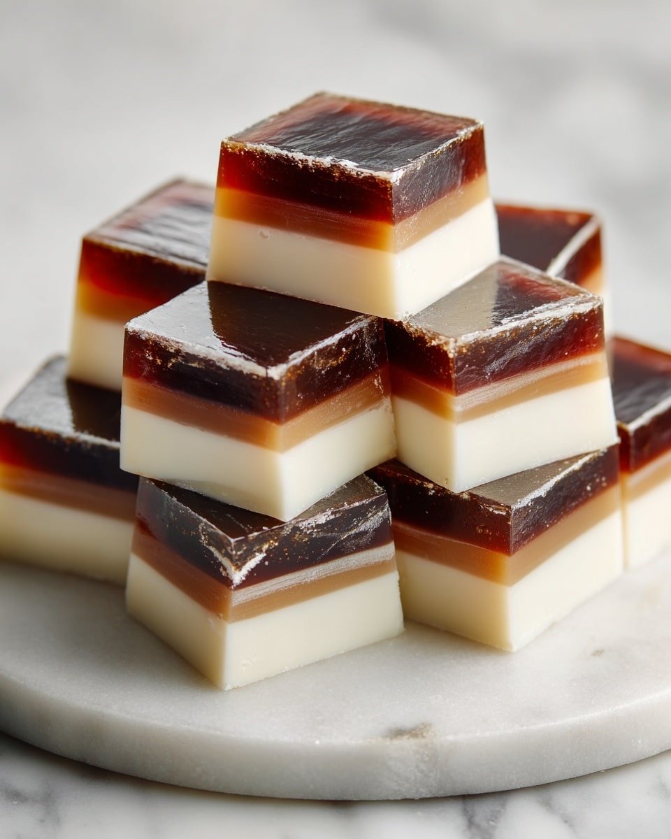 A stack of nine square-shaped layered jelly desserts is arranged on a round white marble plate. Each jelly piece has five visible layers, alternating between dark brown translucent layers and creamy white opaque layers. The dark brown layers have a shiny, smooth texture, while the white layers are solid and smooth. The pieces are neatly stacked with one piece sitting on top in the center. The background surface is white marble with soft lighting highlighting the glossy finish of the jelly layers. Photo taken with an iphone --ar 4:5 --v 7 — Vietnamese Coffee and Cream Jelly, Thạch Cà Phê Recipe, Vietnamese dessert, coffee jelly recipe, coconut cream jelly