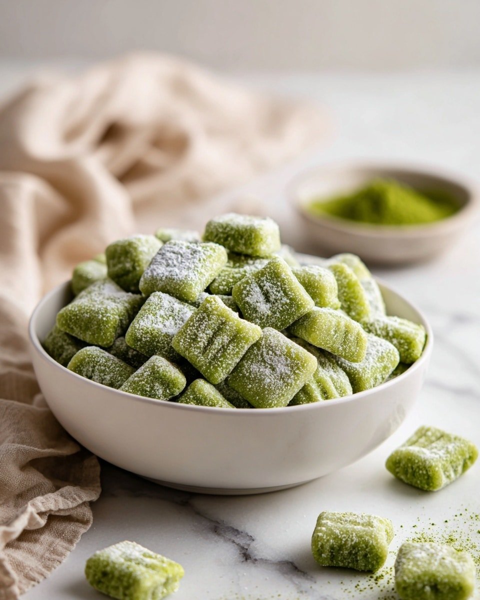 A white bowl filled with many small, square-shaped green gnocchi dusted lightly with white powder, creating a textured look on each piece. The gnocchi are stacked high, with some around the bowl on a white marbled surface. Behind the bowl, there is a soft beige cloth and a small bowl of green powder partially visible. The overall scene is bright and clean, highlighting the fresh green color and powdery texture of the gnocchi. photo taken with an iphone --ar 4:5 --v 7 — Matcha Puppy Chow, Matcha Puppy Chow recipe, green tea Puppy Chow, homemade Matcha Puppy Chow, easy Matcha snack
