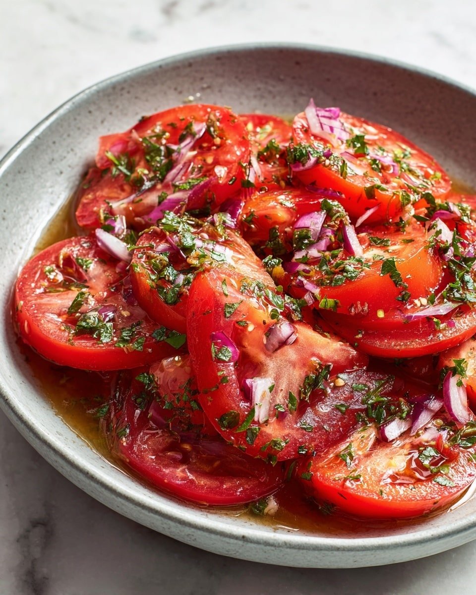 The image shows a gray bowl filled with several large slices of red tomato arranged in an overlapping way, each slice topped with finely chopped green herbs and small bits of purple-red onion. The salad looks fresh and moist with a shiny dressing covering the tomatoes and herbs, giving a bright and colorful look. The bowl sits on a white marbled surface. photo taken with an iphone --ar 4:5 --v 7 — Marinated Tomato Salad, easy tomato salad, healthy tomato side dish, flavorful tomato marinade, summer tomato salad