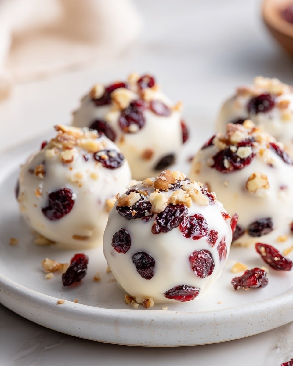 A pile of round balls covered in creamy white coating mixed with small pieces of chopped nuts and dried red berry bits sits on a white plate. The balls are stacked in a pyramid shape with the top ball in clear focus, showing a smooth but slightly textured white outer layer dotted with crunchy brown nut bits and bright red dried berries. Around the plate, some nuts and berries are scattered loosely. The background is softly blurred with a white marbled texture underneath the plate. Photo taken with an iphone --ar 4:5 --v 7 — White Chocolate Cranberry Pecan Clusters, easy holiday treats, no-bake dessert recipes, homemade nut clusters, festive sweet snacks