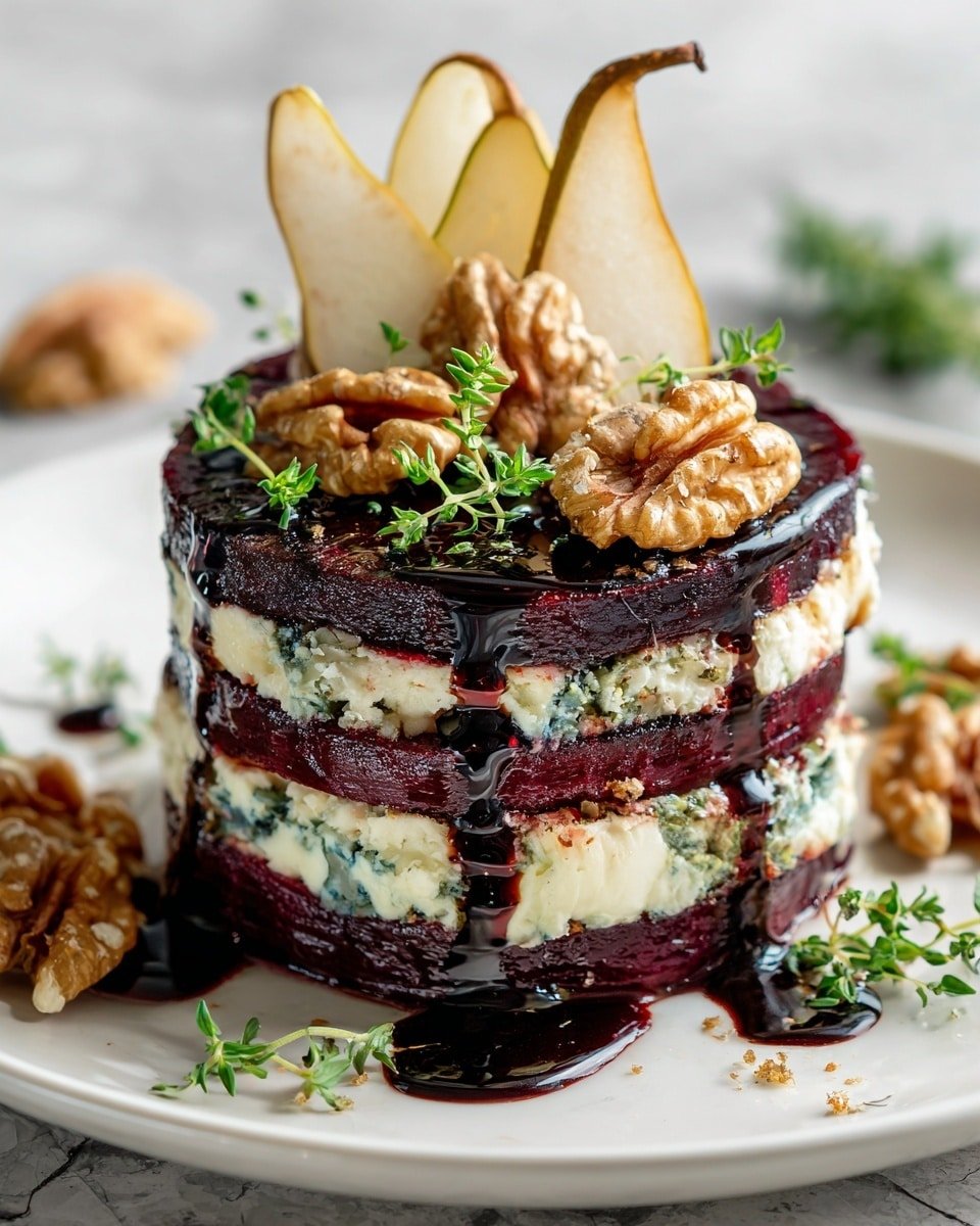 Roasted Beet Blue Cheese Towers with Pear & Balsamic Glaze Recipe - Recipe Image — Roasted Beet Blue Cheese Towers with Pear & Balsamic Glaze, elegant beet blue cheese appetizer, healthy beet and pear snack, easy gourmet beet tower recipe, sophisticated vegetable appetizer