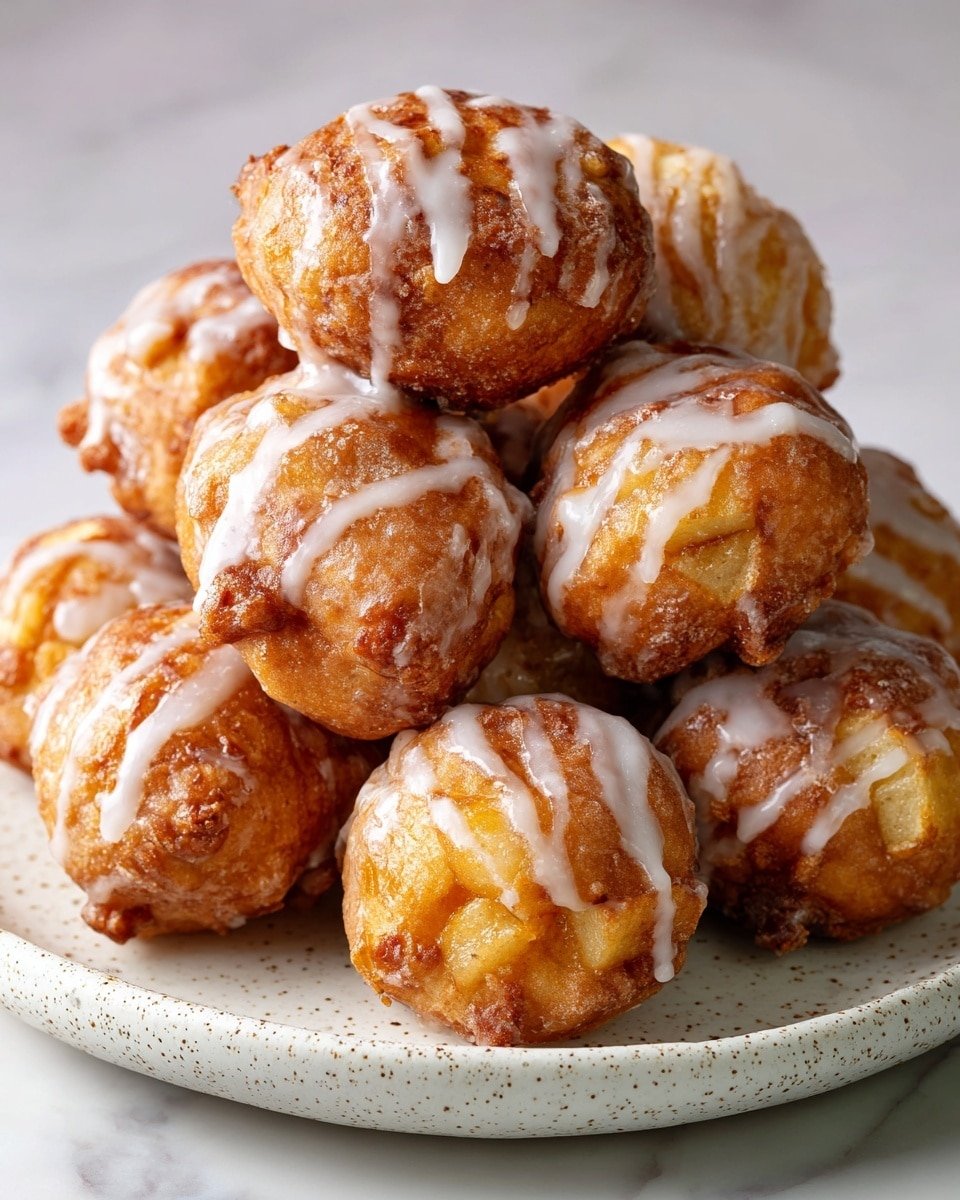 A close-up view of a stack of three golden-brown cinnamon fritters covered in thick white glaze. The fritters have a rough, textured surface with browned edges and small pockets showing inside. The glaze drips down the sides in a smooth, glossy layer, creating shiny highlights. The fritters sit on a white plate with a soft, gray rim, placed on a white marbled surface, with a blurred red background behind. photo taken with an iphone --ar 4:5 --v 7 — Delicious Soft Cinnamon Apple Fritters with Vanilla Glaze, cinnamon apple fritters recipe, easy apple fritters with vanilla glaze, cozy breakfast apple fritters, homemade apple fritters with cinnamon
