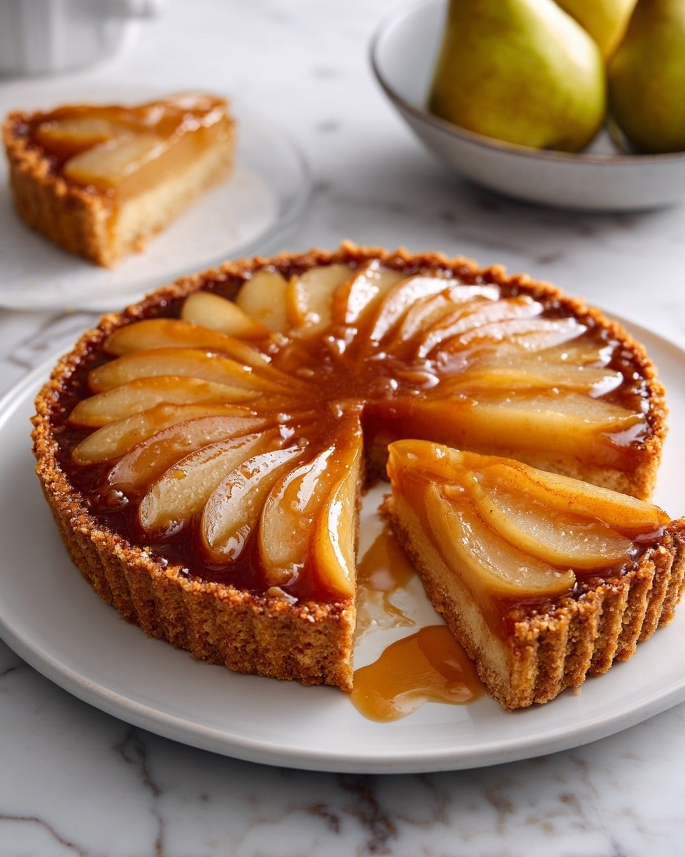 A round upside-down tart sits on a white plate over a white marbled surface. The dessert has a bottom layer of thick, golden-brown baked crust with a crumbly texture. On top, there is a shiny caramelized layer of sliced pears arranged in a circular pattern, each piece smooth and amber-colored with a glossy finish from caramel syrup that pools slightly around the tart. A single slice is cut and slightly pulled out, showing the three layers clearly. In the background, there is a bowl with two pears and part of another tart visible. Photo taken with an iphone --ar 4:5 --v 7 — Pear Tarte Tatin, caramelized pear tart, French tart recipe, caramel dessert, easy pear tart dessert