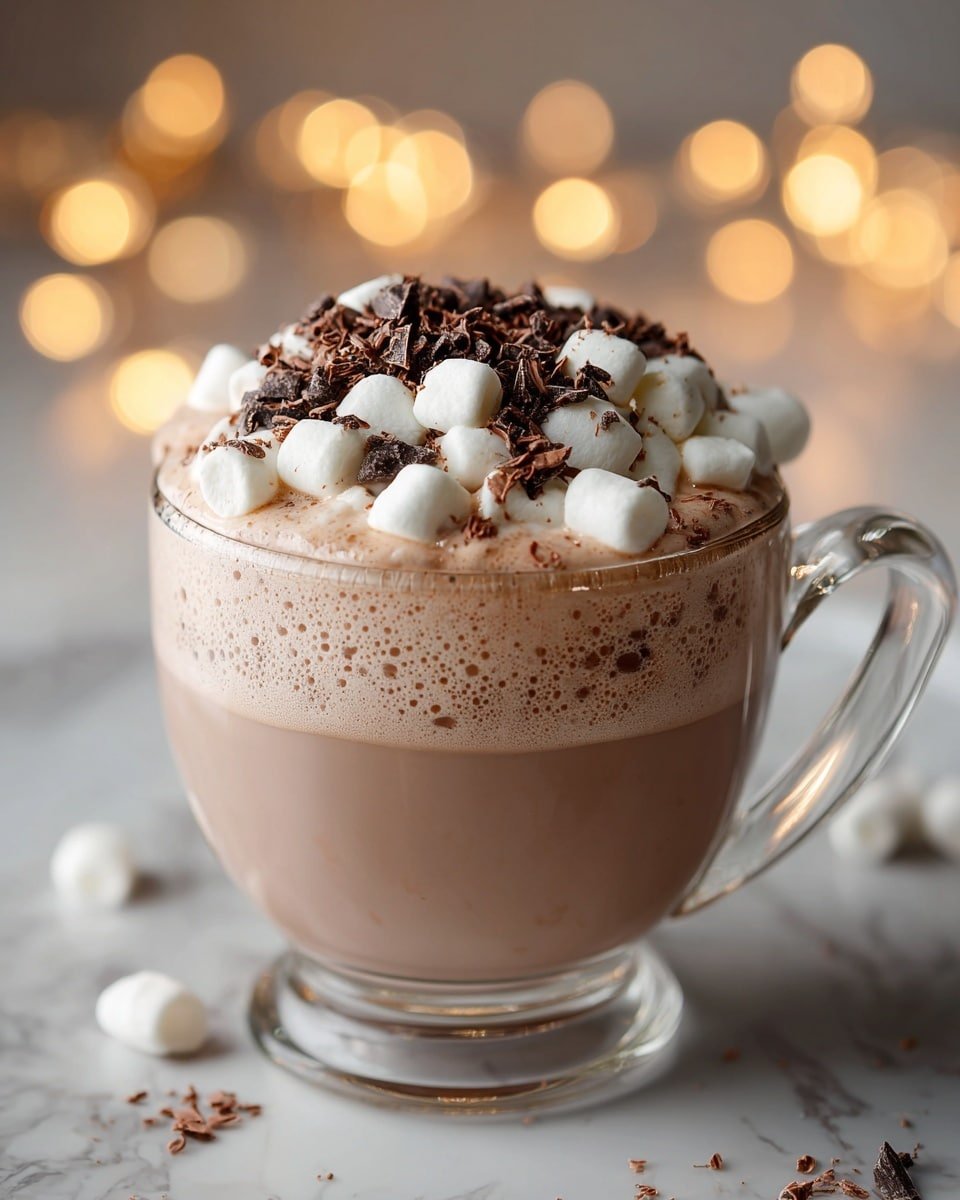 A clear glass mug filled with a light beige creamy drink forms the base layer, topped with small white marshmallows scattered evenly across the surface. Dark brown chocolate shavings and small chunks are sprinkled lightly on top of the marshmallows, adding texture and contrast. The mug sits on a white marbled surface, with blurred festive lights glowing softly in the background. Photo taken with an iphone --ar 4:5 --v 7 — White Hot Chocolate, White Hot Chocolate Recipe, Cozy Hot Chocolate, Easy White Hot Chocolate, Homemade White Hot Chocolate