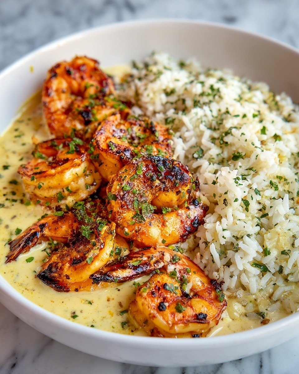 Garlic Butter Shrimp Bowl with Creamy Herb Rice Recipe - Recipe Image — Garlic Butter Shrimp Bowl with Creamy Herb Rice, shrimp bowl, garlic butter shrimp, herb rice bowl, easy seafood dinner