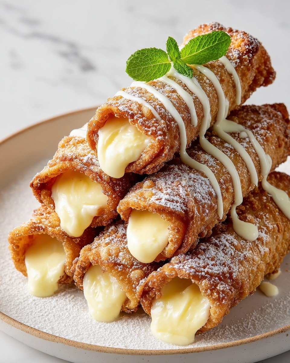 Peach Cobbler Egg Rolls with Cinnamon Sugar Drizzle Recipe - Recipe Image — Peach Cobbler Egg Rolls with Cinnamon Sugar Drizzle, peach cobbler egg rolls, easy peach dessert, sweet cinnamon egg rolls, fruity dessert recipes