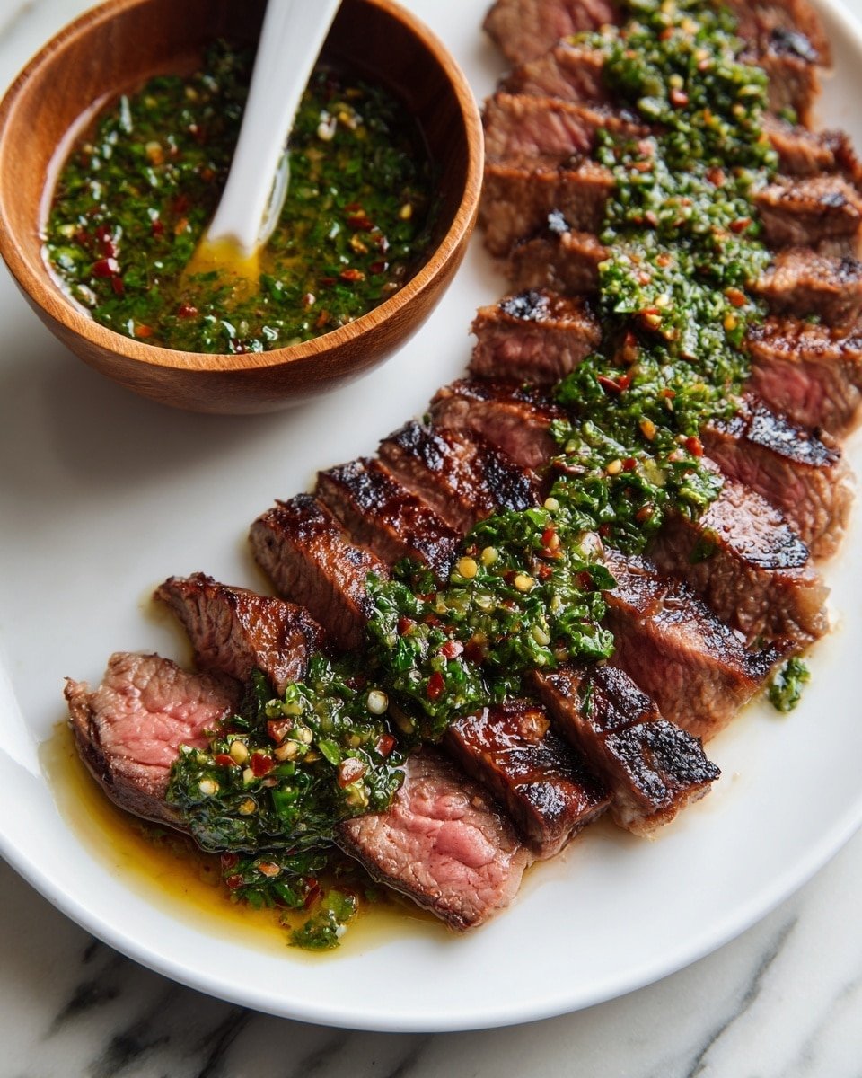 This image shows a white oval plate on a white marbled surface with sliced grilled steak arranged in a fan shape, showing pink centers and charred edges. On top of the steak is a thick green sauce with visible bits of herbs and red chili flakes spread mostly in the middle of the meat. Next to the plate, there is a small round wooden bowl filled with the same green sauce and a white spoon resting inside it, some sauce on the spoon. The textures of the steak look juicy and smoky, and the sauce appears fresh and herb-filled, creating a colorful contrast. Photo taken with an iphone --ar 4:5 --v 7 — Chimichurri Flank Steak, flank steak with chimichurri, easy chimichurri steak, grilled flank steak recipe, herbaceous steak marinade