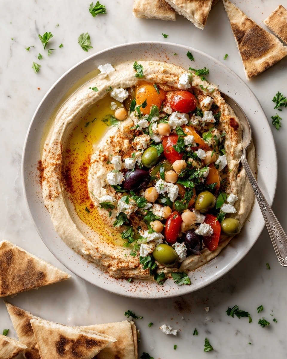 Loaded Hummus Recipe - Recipe Image — Loaded Hummus, healthy appetizer ideas, quick veggie dip, flavorful hummus toppings, vegetarian party platter