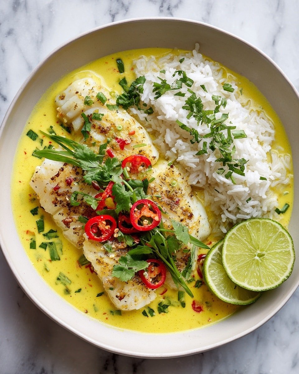 Coconut Lime Fish Curry with Jasmine Rice Recipe - Recipe Image — Coconut Lime Fish Curry, Coconut Lime Fish Curry with Jasmine Rice, Southeast Asian fish curry recipe, Thai-inspired fish curry, Easy fish curry with coconut milk