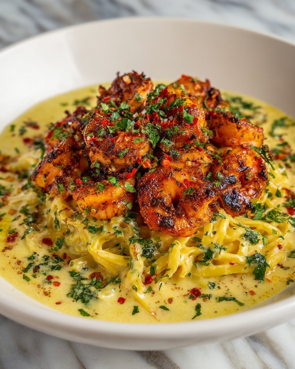 A white plate filled with creamy yellow pasta noodles forming the bottom layer, soaked in a light golden sauce with green herbs and small red chili flakes scattered throughout. On top of the pasta, there is a thick layer of large, grilled shrimp that are orange with a slightly charred, crispy texture, sprinkled generously with chopped green herbs and red chili flakes, creating a colorful and appetizing contrast. The dish is presented on a white marbled surface, with a close-up view emphasizing the rich textures and vibrant colors. Photo taken with an iphone --ar 4:5 --v 7 — Classic Italian Shrimp Scampi Pasta, Shrimp Pasta Recipe, Italian Shrimp Pasta, Seafood Pasta Dinner, Easy Shrimp Scampi