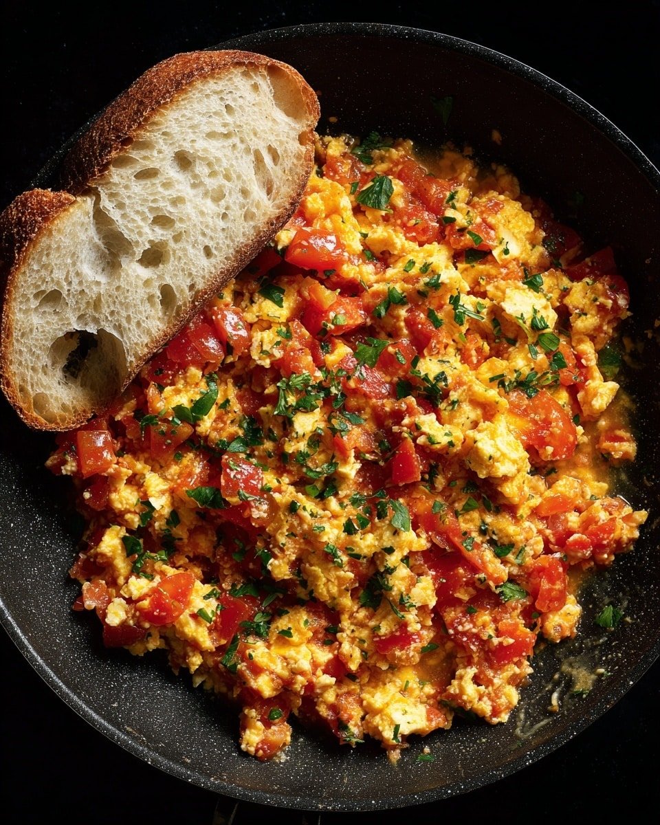 Menemen Recipe (Turkish Tomato Scrambled Eggs) Recipe - Recipe Image — Menemen Turkish Tomato Scrambled Eggs, Turkish breakfast recipes, easy Turkish breakfast dish, savory egg and tomato scramble, traditional Turkish Menemen
