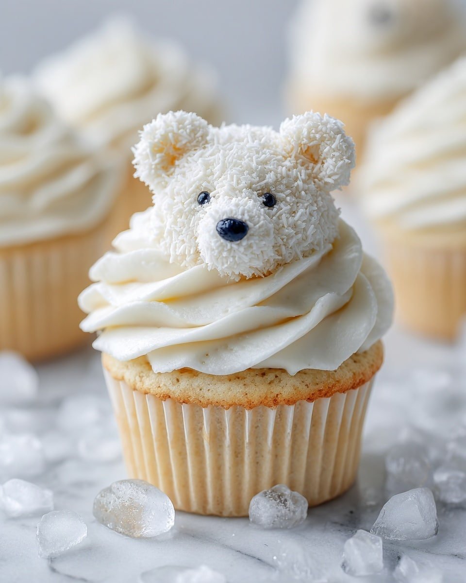 Polar Bear Cupcakes Recipe - Recipe Image — Polar Bear Cupcakes, Winter Themed Cupcakes, Cute Holiday Cupcakes, Easy Holiday Baking, Festive Cupcake Recipes