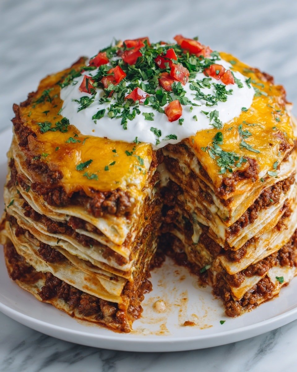 Cheesy Tortilla Lasagna Pie Recipe - Recipe Image — Cheesy Tortilla Lasagna Pie, tortilla lasagna recipe, easy cheesy dinner, hearty comfort food, quick weeknight casserole