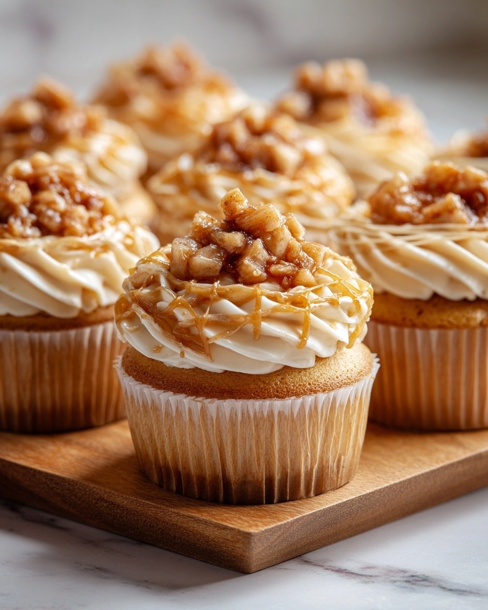 There are seven small cupcakes arranged closely on a wooden tray set on a white marbled surface. Each cupcake has a light brown base with a textured cream-colored frosting piped around the top edge in small swirls. Inside the frosting border, there is a filling of small golden brown apple chunks with a shiny, slightly sticky look. On some cupcake tops, there is a lattice pattern made from thin strips of the same cream-colored frosting, crossing each other in a grid over the apple filling. The overall look is warm and inviting with a mix of soft textured frosting and glossy fruit topping photo taken with an iphone --ar 4:5 --v 7 — Apple Pie Cupcakes with Cream Cheese Frosting, fall dessert recipes, cozy cupcake ideas, apple dessert recipes, homemade cupcake with frosting
