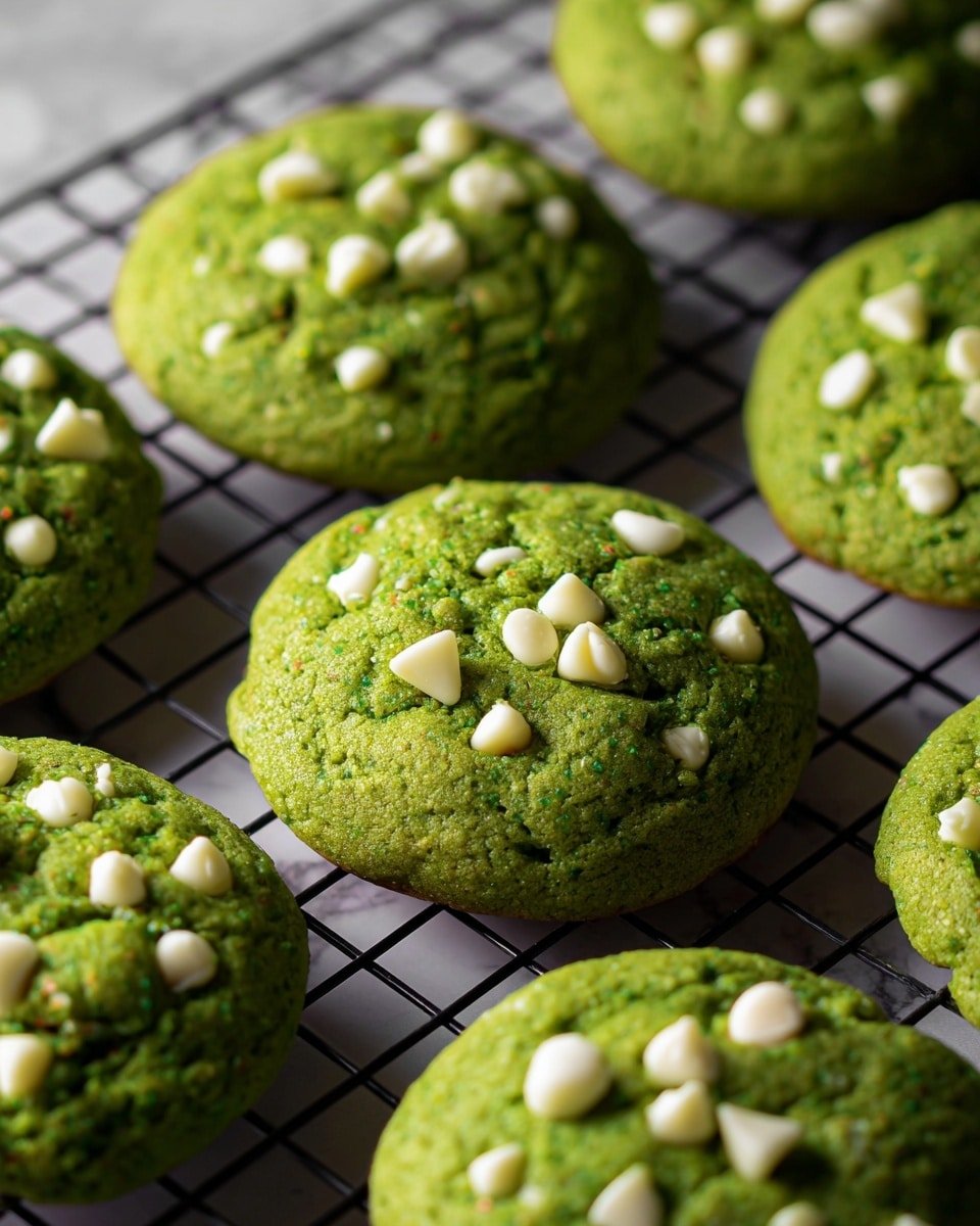 There are several round, green cookies with a rough texture placed on a black wire cooling rack. Each cookie has small white chocolate chunks spread on top, giving a contrast of green and creamy white. The cookies look soft and thick, with uneven edges and cracks across their surface. The background beneath the rack shows a white marbled texture. photo taken with an iphone --ar 4:5 --v 7 — Matcha White Chocolate Cookies, matcha cookie recipe, white chocolate cookies, easy matcha cookies, green tea cookies
