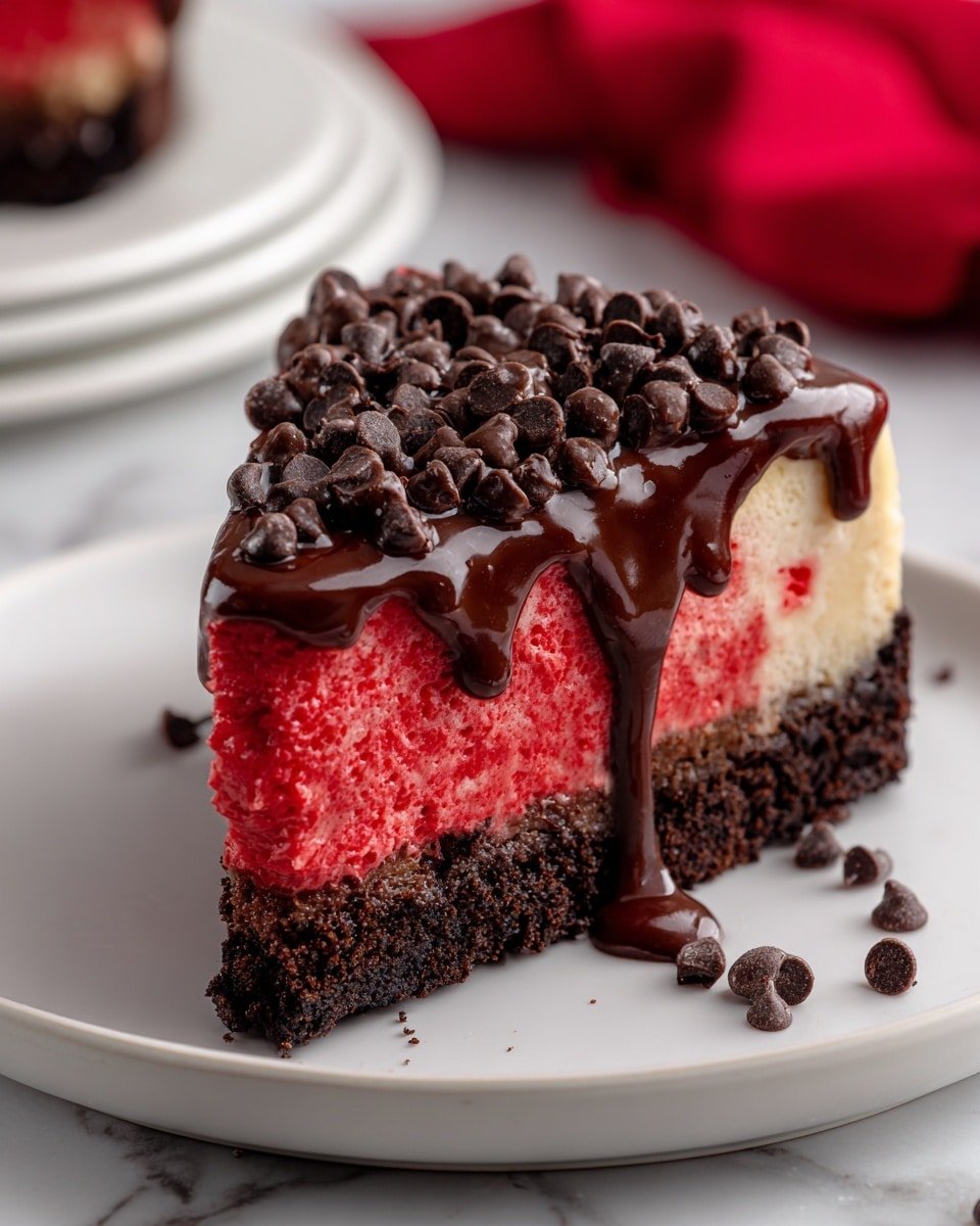 A slice of cake with three layers sits on a white plate over a white marbled surface. The bottom layer is dark brown, crumbly, and looks like a cookie crust. The middle layer is thick, bright red, smooth, and creamy with tiny darker spots inside. The top layer is a shiny dark chocolate sauce, thickly dripping down the sides of the cake. On top, there are many dark chocolate chips scattered closely together, adding a rough texture that contrasts with the smooth sauce. In the background, a blurry red cloth and a white plate are visible. Photo taken with an iphone --ar 4:5 --v 7 — Red Velvet Cookie Dough Cheesecake, red velvet cheesecake, no-bake cookie dough cheesecake, easy red velvet dessert, decadent cheesecake recipes
